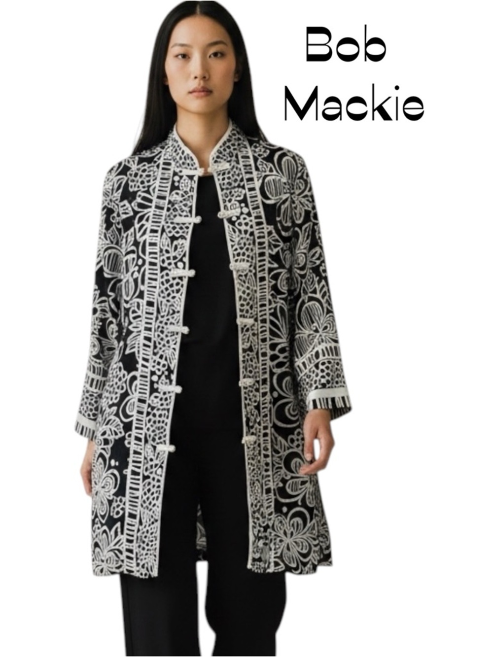 Bob Mackie Black Cream Floral Pure Silk Mandarin Jacket Vintage Size L